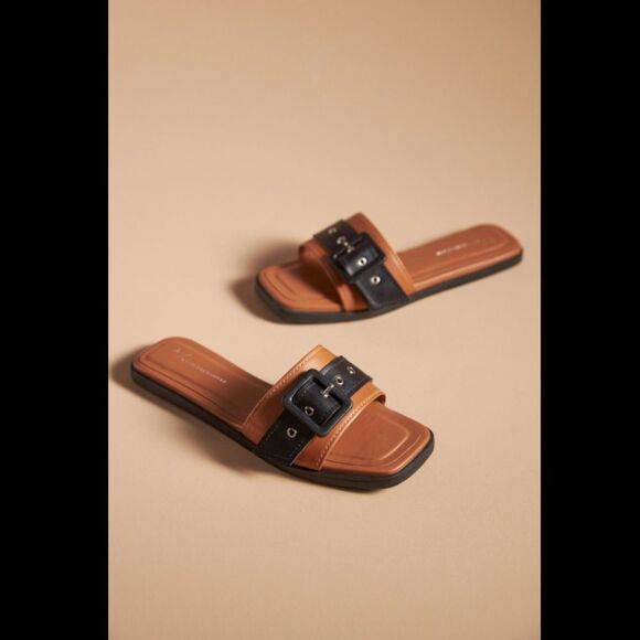 Anthropologie Genuine Leather Buckle Slide Sandals - Picture 1 of 4
